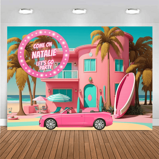 Customized Birthday Backdrop - Dollhouse, Doll Beach House, Dream House, Let's go party