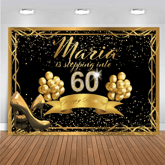 Customized Birthday Backdrop - Gold and Black, High Heels, Stepping Into Themed Banner