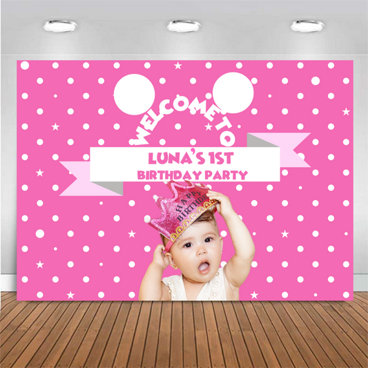 Customized Birthday Backdrop - Cartoon Mouse Pink Theme