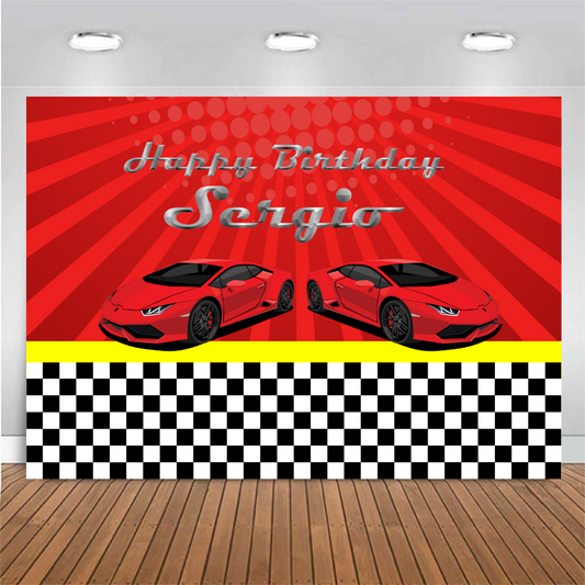Customized Birthday Backdrop - Race Cars, Red Car, Kids Car