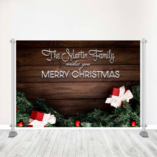 Customized Christmas Backdrop - Holiday Christmas Party Banner, Gift boxes and Dark Wood theme