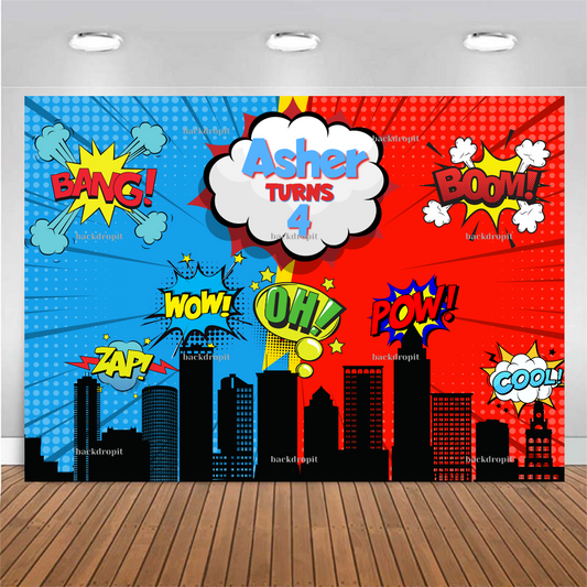 Customized Birthday Backdrop - Superhero Cityscape