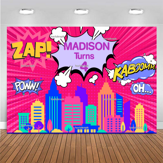 Customized Birthday Backdrop - Superhero Cityscape Pink and Purple
